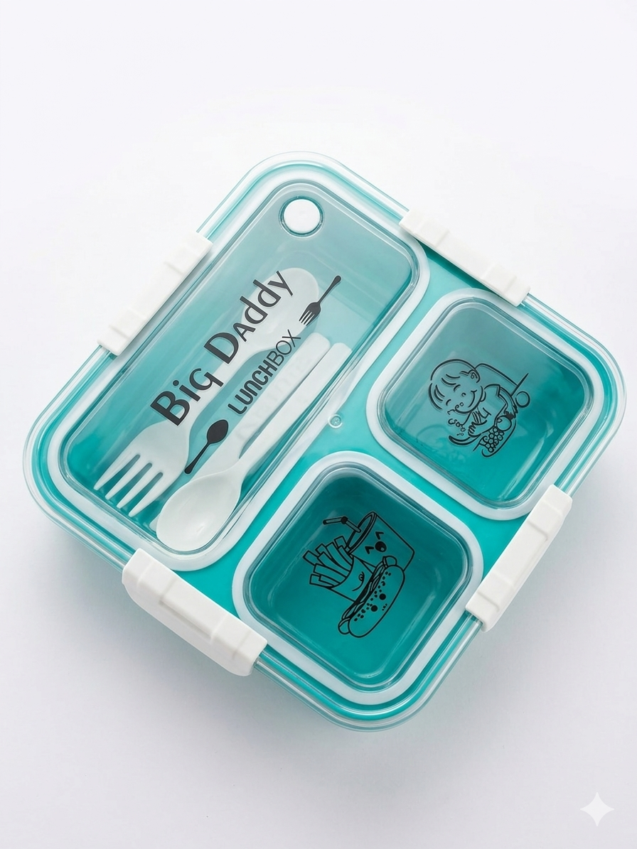 Big Daddy 3 Compartment Lunch Box | Leakproof BPA Free Lunch Box with Spoon & Fork | Airtight Food Storage Box for Office, School & Travel (Green)