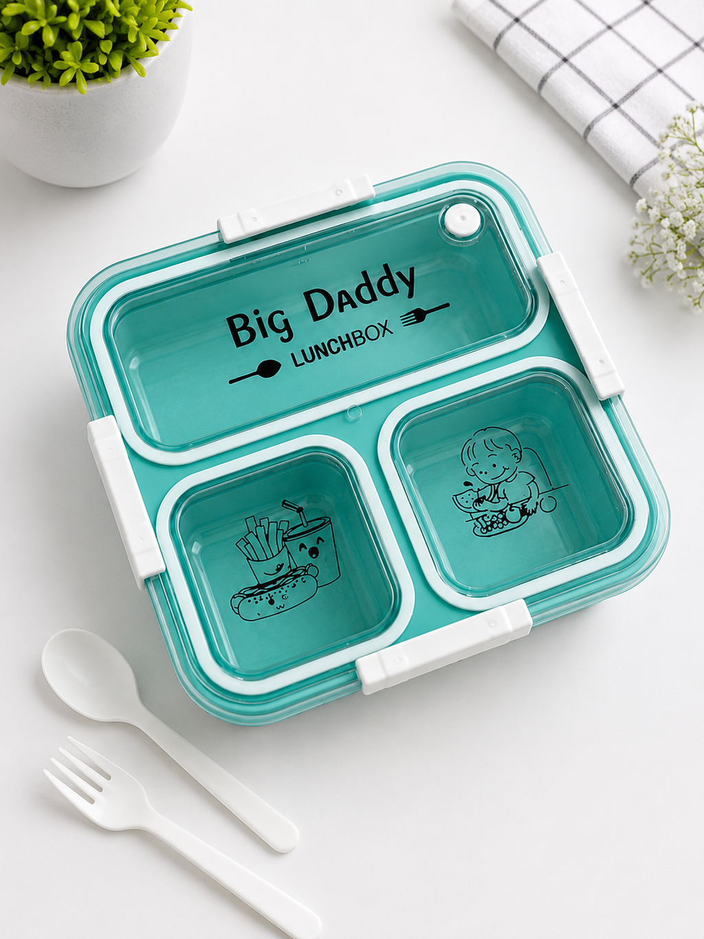Big Daddy 3 Compartment Lunch Box | Leakproof BPA Free Lunch Box with Spoon & Fork | Airtight Food Storage Box for Office, School & Travel (Green)
